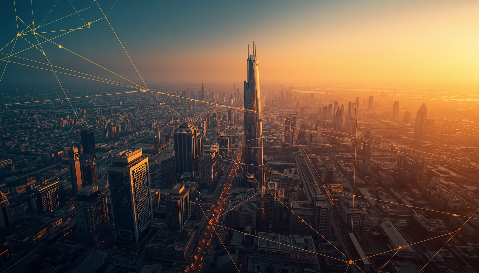 Modern financial district skyline at golden hour